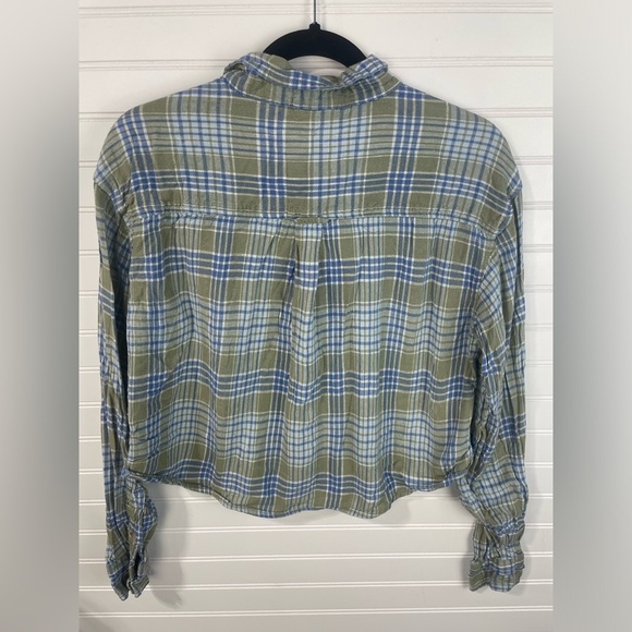 American Eagle Green & Blue Button Up Cropped Shirt Size Medium Girls EUC - Picture 5 of 10